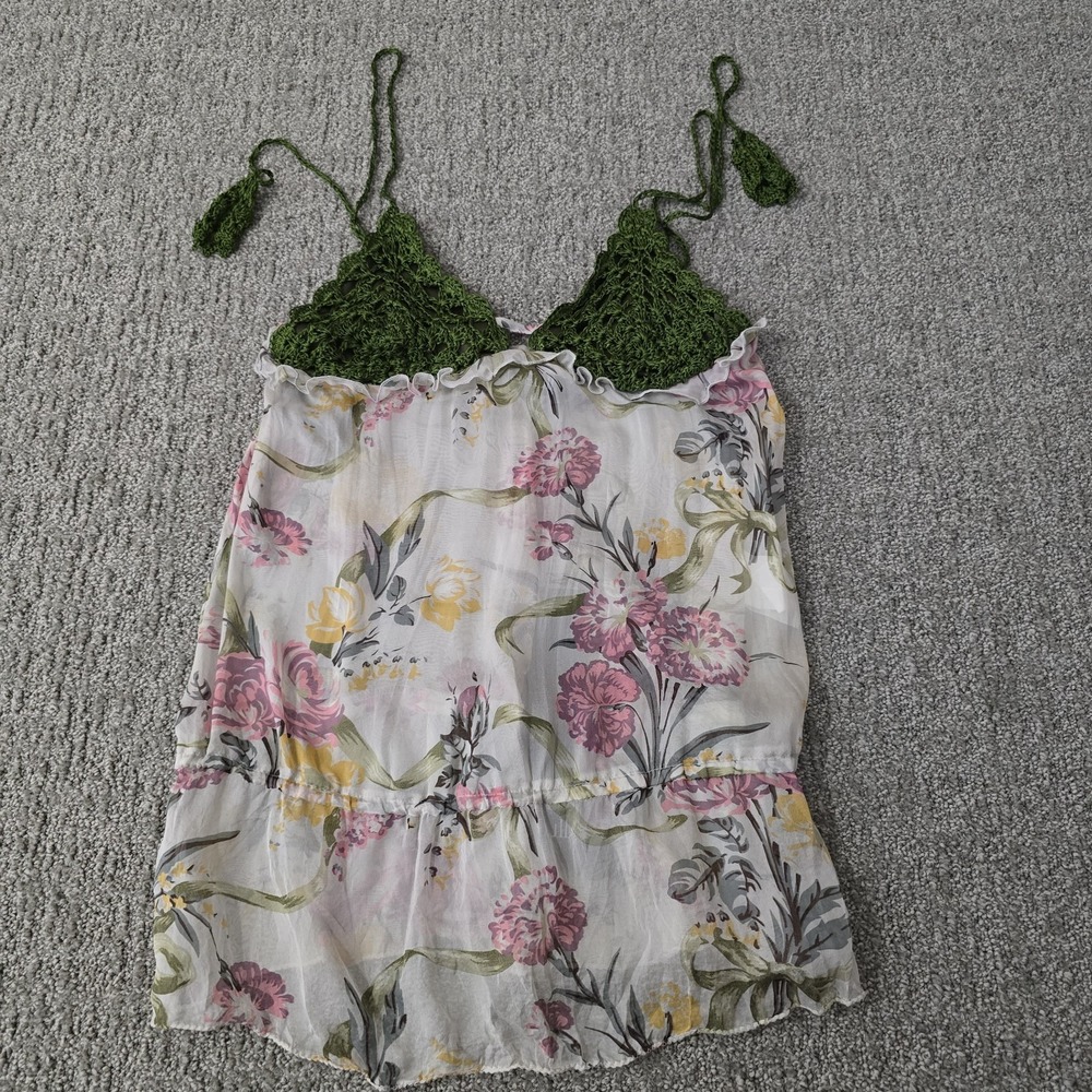 Le Full Womens M 100% Silk Floral Tunic Crochet Halter Boho Fairycore